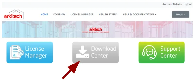 Arkitech Customer Portal home page with the Download Center tile highlighted
