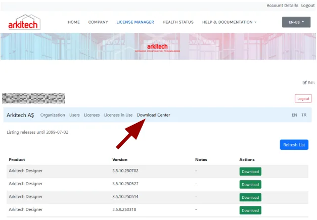 Download Center tab listing the latest Arkitech Designer software versions