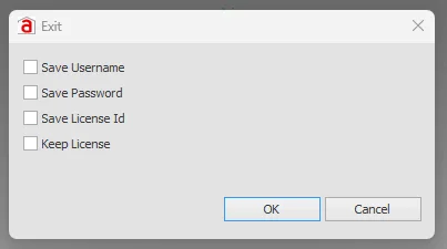 Closing dialog with license and credential options
