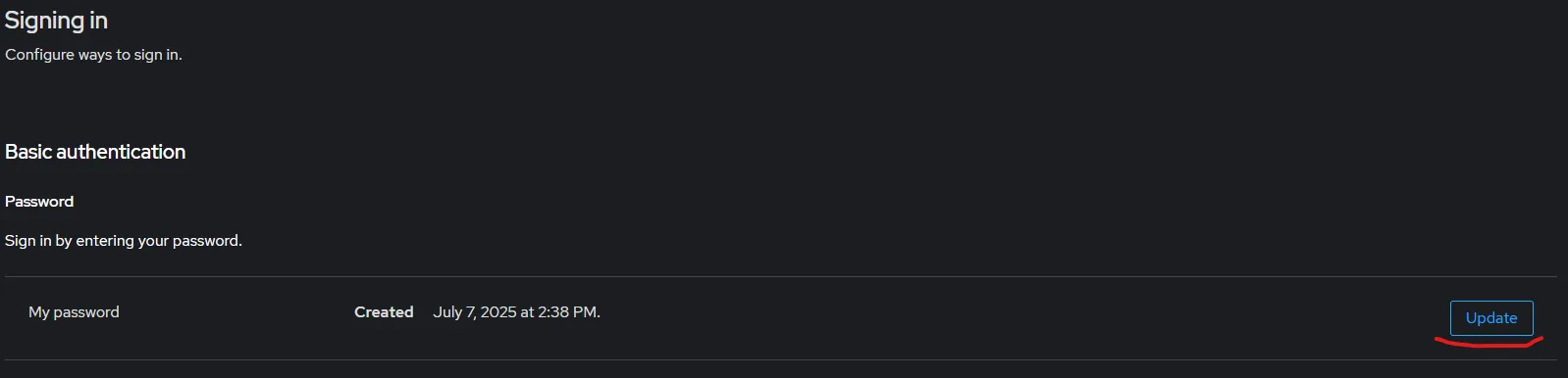Arkitech account page with the password Update button