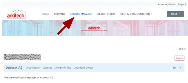 Arkitech Customer Portal home page with the License Manager tile highlighted