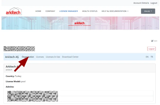 License Manager Organization tab