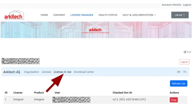 Licenses in Use tab with assign and drop actions