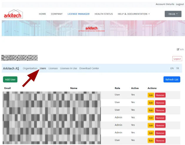 Users tab for admin account management