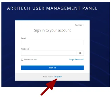 Login menu with the Register option highlighted