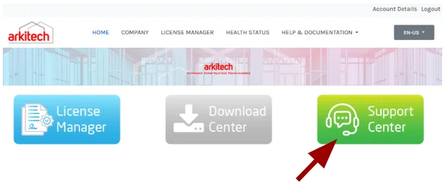 Arkitech Customer Portal home page with the Support Center tile highlighted