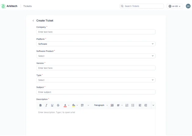 Support ticket creation form