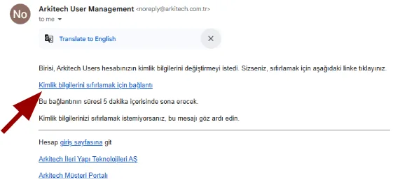 Sıfırlama bağlantısı içeren e-posta