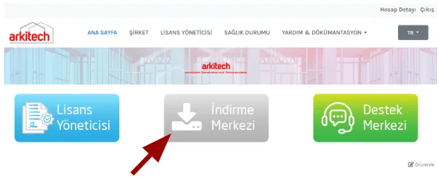 İndirme Merkezi düğmesini gösteren ana sayfa