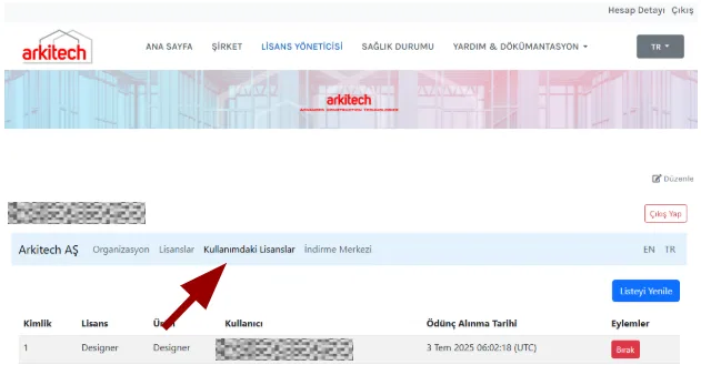 Atama ve kaldırma işlemlerini gösteren Kullanımdaki Lisanslar sekmesi