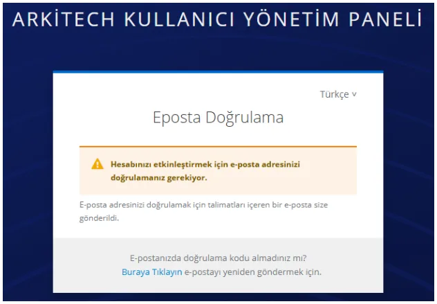 Doğrulama e-postasının gönderildiğini belirten onay