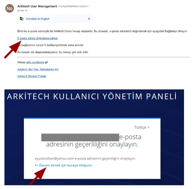 Onay bağlantısı içeren doğrulama e-postası