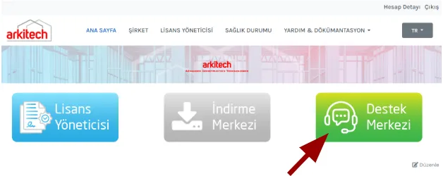 Destek Merkezi düğmesini gösteren ana sayfa