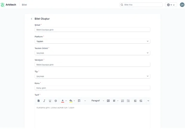 Destek talebi oluşturma formu